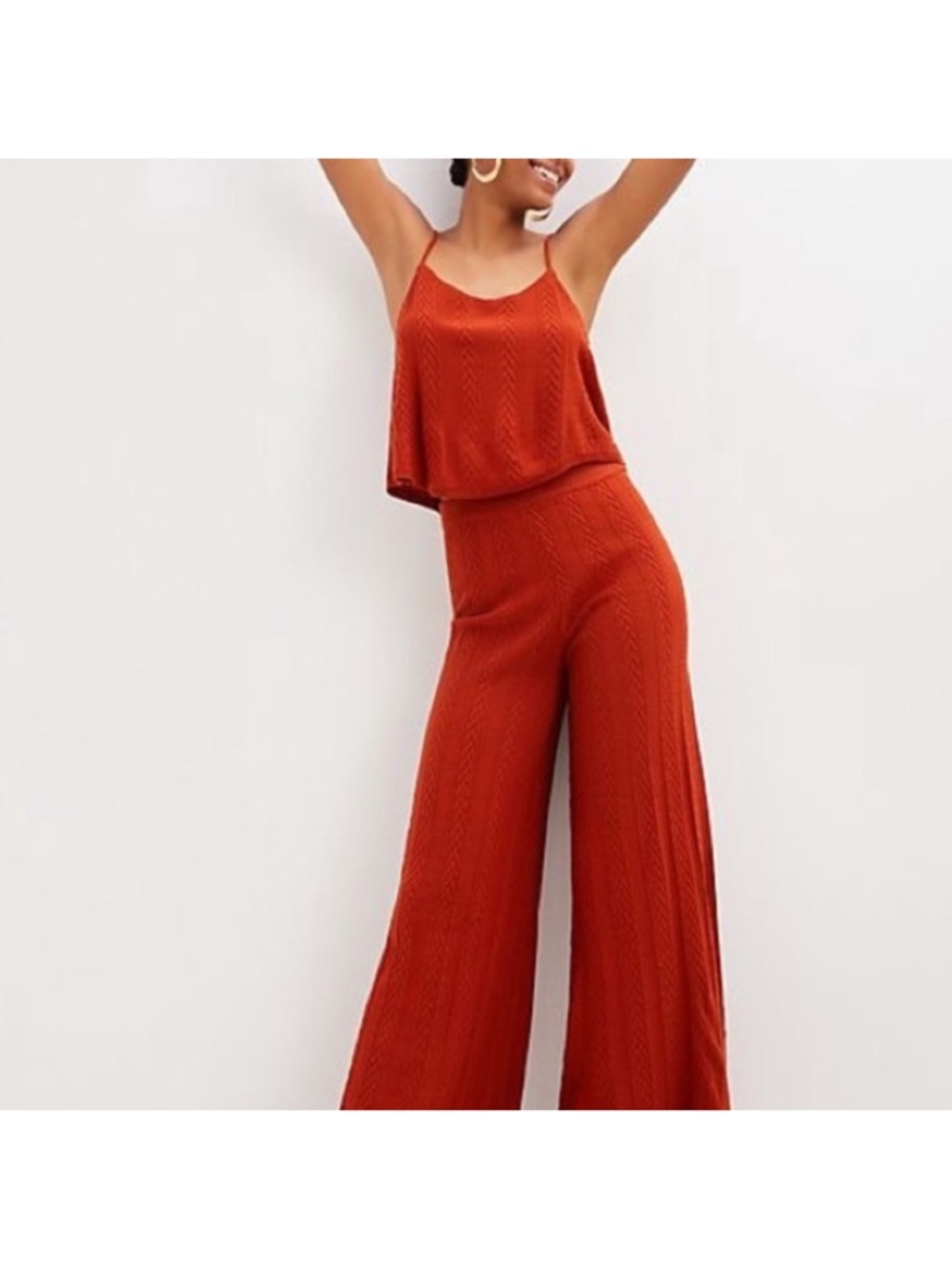 Anthropologie Cable-Knit Wide-Leg Pant Set in a burnt orange